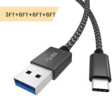 USB-C Cable USB 2.0 Nylon Braided Type-C Charger for Galaxy S8, LG G5, Google Pixel, Nexus 6P - 3ft+3ft+6ft+6ft Black