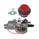 Equipamiento: Carburador Carb Carby + Filtro de aire rojo + Pila para 2 tiempos 47cc 49cc Piezas del motor Mini Moto Kids ATV Quad Dirt Pocket Bike Minimoto