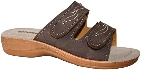 LADIES GEZER , SLIP ON PEEP TOE MULE LIGHTWEIGHT SOFT COMFY MULE SANDALS (UK7, brown straps)