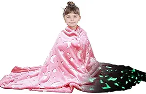 Sisliya Blanket Microfiber 120 x 175 Centimeters Glow in The Dark Throw ac Blanket Galaxy Stars Moon Pattern for Kids Girls Pink || Multi Design