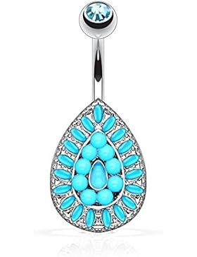 Paula & Fritz® Bauchnabelpiercing aus Edelstahl Chirurgenstahl 316L Vintage Tränentropfen besetzt mit Türkisen