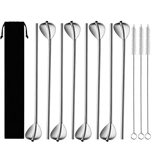 Kbnian Lot de 8 Pcs Paille INOX 304 Réutilisable Cuillère Pilon Forme du Cur + 3 Pcs Brosse de Nettoyage + Sac de Rangement Paille Métal sans BPA Recyclable pour Boire Mojito Cocktail Boisson Bar