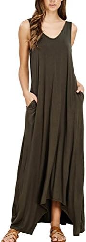 WmcyWell Women's Casual V Neck Sleeveless Tank Top Loose Pockets Boho Long Maxi Dress Army Green M