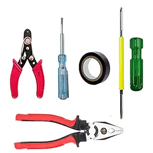 SKY BLUE Enterprises Combo of Plier, 2in1 Screwdriver, Line Tester, Electrical Tape, Wire Cutter Hand Tool Kit - 5 Tools, Multicolor