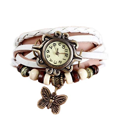 Fanessy Papillom Orologio da donna, con cinturino in pelle PU con farfalla, al quarzo, stile classico, intrecciato, Vintage, 6 colori tra cui scegliere bianco