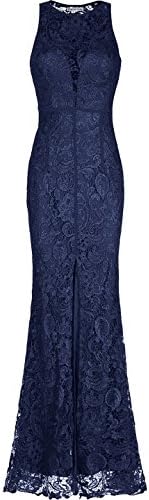 Absolute Rosy Women's Pluging Illusion Neckline Seethrough Back Lace Evening Dress with Center Front Slit Navy M (M22888)
