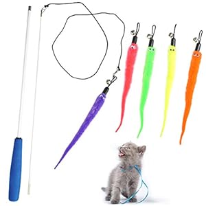 BUYGOO Juguetes para Gatos Interactivos Felpa 5 Piezas de Plumas de Colores Llamativos + Caña Retráctil