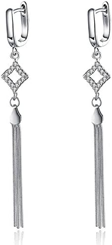 Fashion Female Sterling Silver Jewelry Zircon Square Long Tassels Ear Earrings