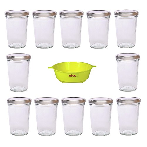 Viva-Haushaltswaren - 12 Bechergläser, Marmeladengläser für 150ml mit silbernem Deckel / für Konfitüren, Chutneys, Pasten, etc. - inkl. einem gelben Einfülltrichter