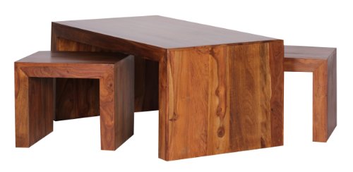 WOHNLING Couchtisch mit Hocker Massiv-Holz Sheesham 110cm breit Wohnzimmer-Tisch dunkel-braun Landhaus-Stil Satztisch Natur-Produkt Wohnzimmermöbel Unikat modern Massivholzmöbel Echtholz rechteckig