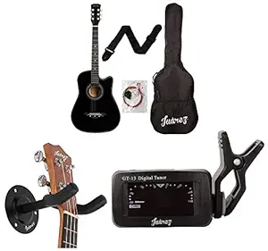 JUAREZ 38 Inch Acoustic Guitar with Bag, Strings, Pick and Strap (Black) + GT-13 LCD Clip ON Automatic Chromatic Tuner + JRZ100 Guitar Wall Hanger/Mount with Accessories