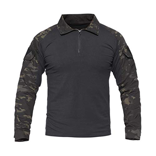 QMFIVE Camicia Tattica, Camicia Militare Uomo Airsoft Shirt Maglia Manica Lunga Combattimento BDU Camouflage Camo Combat per Airsoft Paintball (Camo Nero, XL)