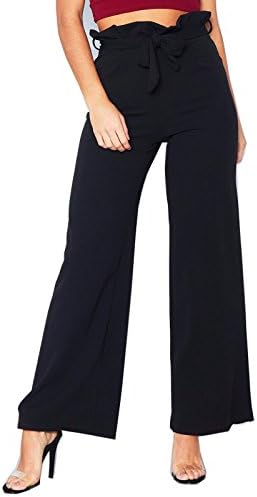 Womens High Waist Paper Bag Palazzo Wide Leg Flared Ladies Plain Trousers Pants (Black, 12)