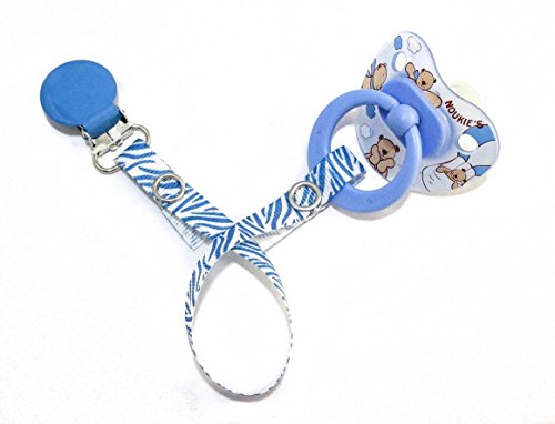 pacifier soother dummy holder clip for baby boys/girls {blue zebra-round clip}