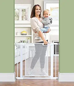 OhGeni Baby Gate for Stairs, Extra Wide 37.8-Inch Mesh Dog Gate for Doorways Hallway, Pressure Mounted Easy Walk Through Safety Child Gate for Kids Toddler, Adjustable Tall Pet Puppy Fence Gate, Metal
