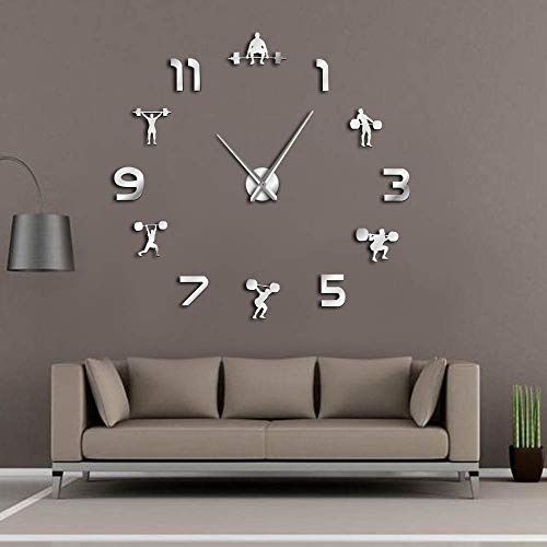 LIUXIAOJIE Sollevamento Pesi per Sala Fitness Wall Decor Fai da Te Giant Wall Clock Effetto Specchio Powerlifting Frameless Grande Orologio da Parete Gym Orologio da Parete, Argento, 37 Pollici