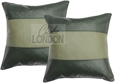 Charlie LONDON 2 x Light Green & Dark Green Stripe Original Leather Cushion Covers