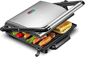 GIONEE Griller Jumbo Sandwich Toaster | Electric Grill Maker, 2000W Large 4-Slice Panini Press, Non-Stick Plates, Stainless Steel (Silver)