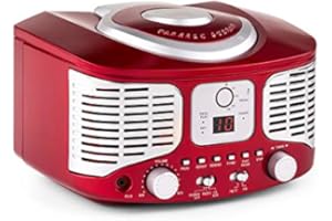 AUNA RCD320 - Radio Lecteur CD, Lecteur CD Compact, Tuner Radio FM, Look Vintage, Entrée AUX pour Connexion avec appareils Audio externes, Portatif - Rouge
