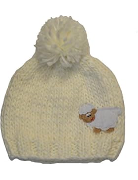 Gestrickte Mütze für Kinder mit Bommel und gesticktem Schaf, weiß