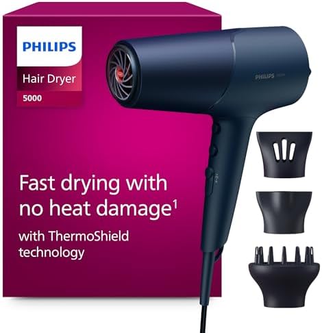 Philips Asciugacapelli Serie 5000, tecnologia ThermoShield, agli ioni, 2300°W, blu metallizzato, con beccuccio per styling da 9°mm e 11°mm, diffusore, BHD510/20