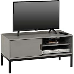 IDIMEX Meuble TV Selma Banc télé de 98 cm au Style Industriel Design Vintage avec 1 Porte coulissante et 1 Compartiment Ouvert, en pin Massif lasuré Gris