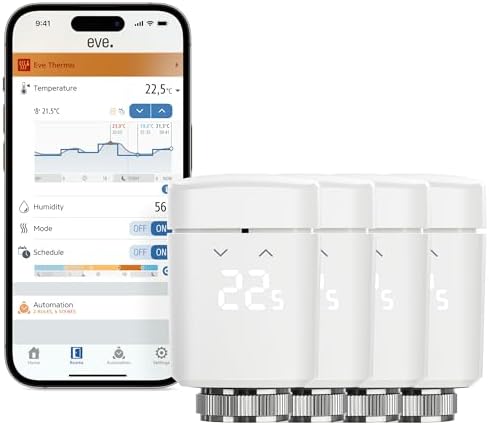 Eve Thermo (Matter, 4ª gen) set di 4: valvola termostatica intelligente, controllo automatico della temperatura, richiede Alexa, Apple Home, SmartThings o Google Home. necessario Thread Border Router