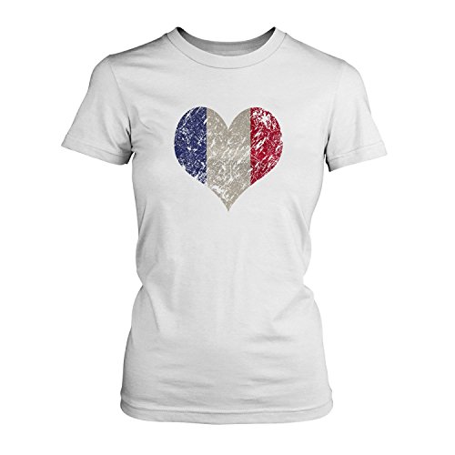 Fashionalarm Damen T-Shirt – I Love France | Fun Shirt Trikot mit Vintage Flagge Print für Fußball & Frankreich Fans | Mittelmeer Urlaub | EM & WM, Farbe:weiß;Größe:XXL