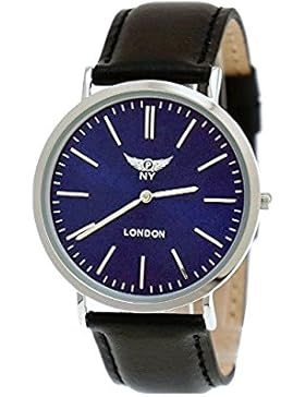 NY London designer Slim Unisex Damen Herren Leder Armband Uhr Schwarz Blau Silber super flach inkl Uhrenbox