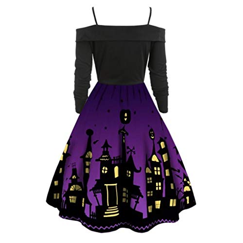 Feytuo Femmes Robe Halloween 1950's Audrey Hepburn pin-up Casual Fashion Dentelle Manches Longues Vintage Crâne Imprimer Soirée Robe De Col Rond Deguisement