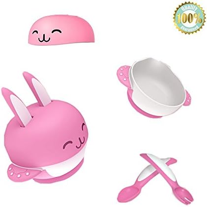 Dotala Baby Toddler Training Stay Put Suction Bowl with Lid,Baby Spoon and Fork,Infant Feeding Tableware 4 set,FDA Approved BPA free Perfect Baby Shower Gift Set (Pink-Bowl+Lid+Spoon+Fork)