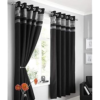 BLACK FAUX SILK LINED CURTAINS WITH EYELET RING TOP 66 x 72" OPULENCE