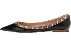 ZIRIA Women Shiny Patent Leather Studded Shoes Fashion Shoes Spring Pointed Toe Wide Fit European American Shoes, black