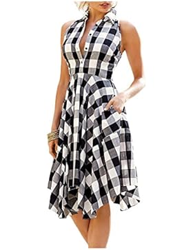 Issza Damen Ärmellos Kariert Plaid Button Midi Shirt Kleid Ohne Arm Schwingen Kleid Sommerkleid Partykleid