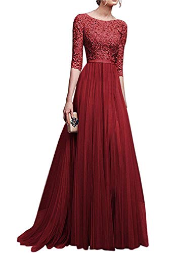 Minetom Robe De Soirée Dentelle Cocktail Longue pour Mariage Femme,Robe De Fete Épaules Dénudées Femme Vintage Retro Manches 3/4 Vin Rouge FR 34
