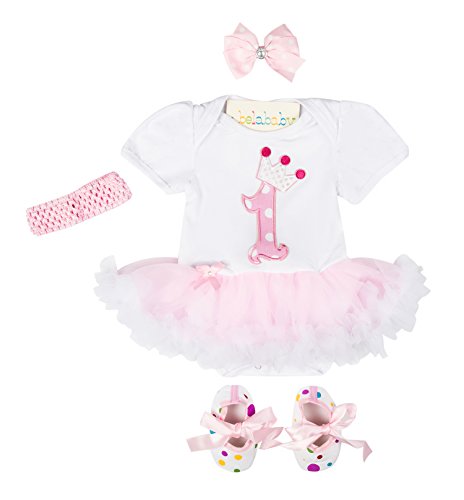 balababy Baby Girls Floral Romper Suit 1st Birthday Party Dresses Shoes with Headband Outfits,12-18M