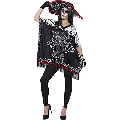 AEC Smiffys Déguisement Homme, Bandit Jour des morts, Noir et blanc, avec poncho, sombrero et gants, 41587 Taille unique