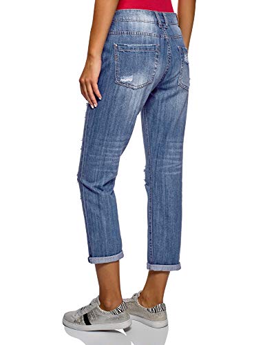 oodji Ultra Damen Boyfriend Jeans in Used-Optik, Blau, 26W / 32L (DE34 = EU36 = XS) - 