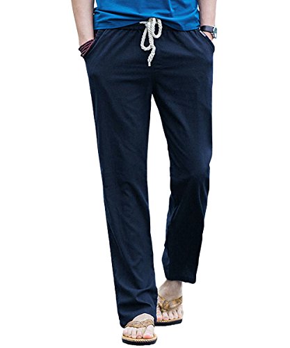 Gopune Men's Casual Pants Linen Trousers Lightweight Elasticated Waist with Pockets