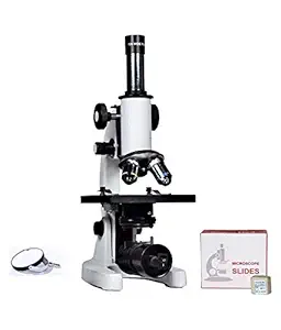 DIWAKAR STUDENT COMPOUND MICROSCOPE (675x) with 10x and 15x Lenses, 50 Plain Slides, 2 Prepared Slides, 20 Cover Slides, LED Light