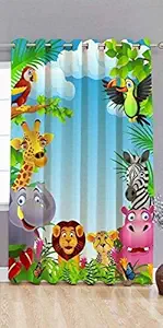 Kiyaan Polyester 3D Jungle Animals Printed Curtain Size 4 x 5 Feet Window Curtain Set of 1 Pecs Multi Colour Kids Room Use