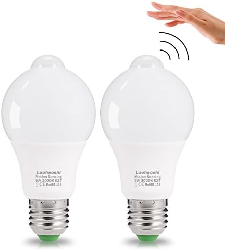 PIR Motion Sensor Light Bulb, Luohaoshi 9W E27 A60 Motion Sensor Night Lights, Equivalent 60W incandescent, Warm White 3000K, 800lm, 330°Beam Angle, For Garage, Hallway, Stairs, Porch, 2Pack