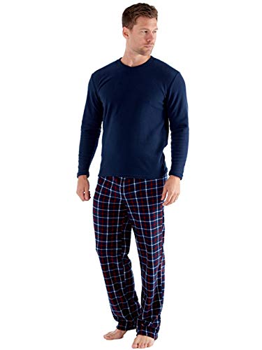 SaneShoppe Maglietta Termica da Uomo, Pantaloni in Pile Polare a Quadri Blu Scuro Set Pigiama Caldi-M