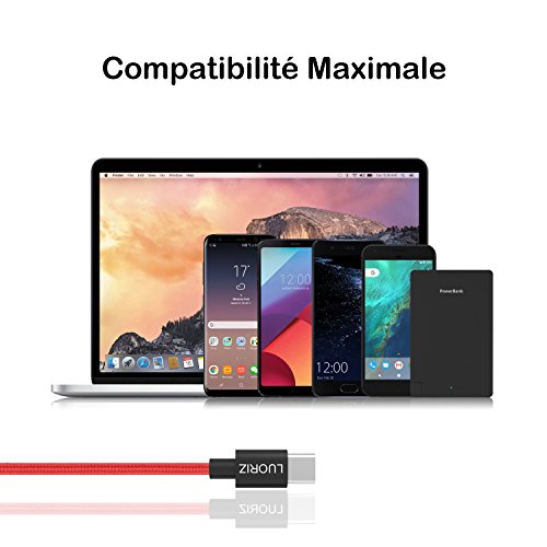 LUORIZ C  ble USB Type C  2M  Lot de 3  Nylon Tress   Rapide Chargeur Cable USB C Charge Data Synchro pour Samsung Galaxy S8 Note 8 Huawei P9  P10 Nexus 6P Nova OnePlus 2 3T 3  HTC 10 LG G5 G6 Sony Xperia XZ Nokia 7 8 Google Pixel 2 C XL 2 XL Lumia 950 Xiaomi Meizu Nintendo Switch Macbook Pro et D autres Dispositifs qui Supportent USB C - Rouge