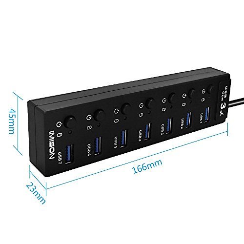 USB 3.0 Hub 7 port IMISON Extra Slim LED Kontrolllampe with On/off Switch High-speed Data Transfer USB Hub mit Ladeports 3.51.35 Power Jack [BC 1.2] [Black] - 8