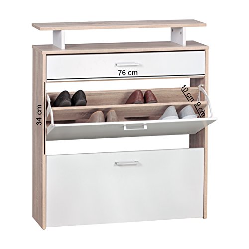 FineBuy Schuhkipper mit Schublade Sonoma Eiche Weiß 80 x 94 x 23 cm | Schuhschrank Schmal mit Ablage Schuhkommode für bis zu 16 Paar Schuhe | Schuh-Regal für Flur-Möbel platzsparend - 2