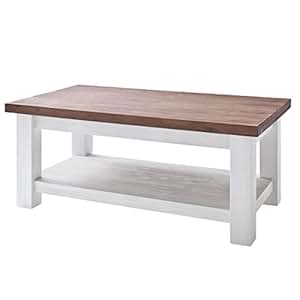 Couchtisch 110 x 60 cm Weiss Braun aus Massivholz im Landhausstil Holz