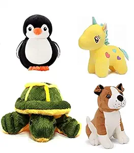 Crispy Toys Soft Toy Combo Pack of Penguine, Unicorn, Tortoise, Bull Dog Hugable Lovable Plush Stuffed Toy for Babies and Kids