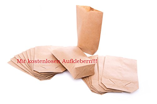 25 kleine Papier Beutel mit Boden (14 x 22 x 5,6 cm) aus Kraftpapier - mit 3 Aufklebern zum Testen; für Geschenktüten, Adventskalender, Geschenke verpacken usw.