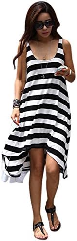 Caeasar Sleeveless O-Neck Casual Stripes Beach Sun Dress Ladies Summer Dresse (Black)